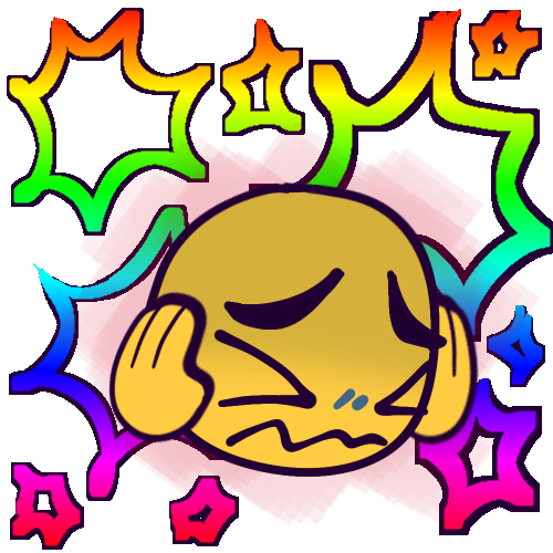 A yellow emoji with a distressed expression, covering their ears or with their (floating) hands. Their eyes are shut tight, their mouth is a wobbly frown, and their eyebrows are knit. Several spiky starburst shapes representing stimuli surround them, collectively colored as a rainbow gradient. A faint red cloud emanates off of the emoji, further showing their distress.